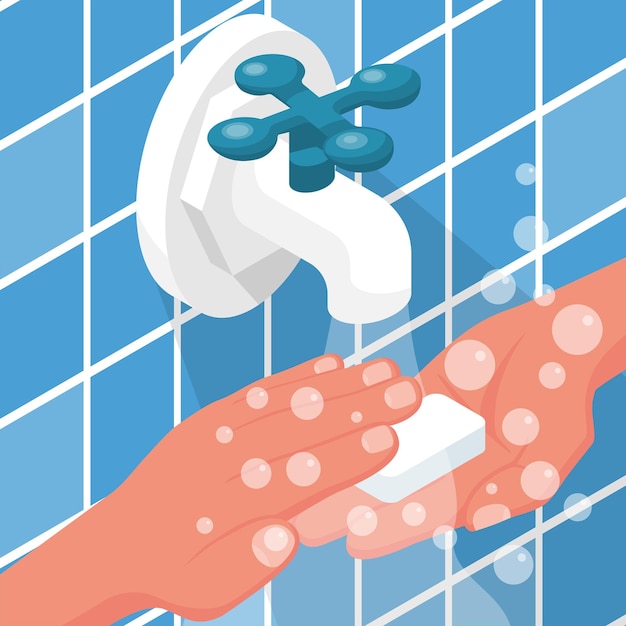 Vector wash hands man hold soap in hand under water tap