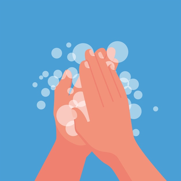 Wash hands. Man holding soap in hand in soap bubbles. Vector illustration flat design isolated on background. Personal hygiene. Disinfection, skin care. Antibacterial washing