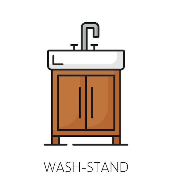 ホーム ルームのインテリア デザイン要素ベクトル線ピクトグラムの洗面台家具アイコン家やアパートのインテリアのアウトライン アイコンの木製テーブル上の浴室の洗面台またはトイレ洗面器