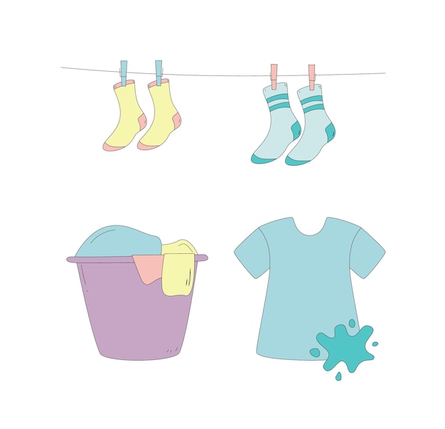 Wash Tshirt Laundry basket Socks Doodle and flat style Vector