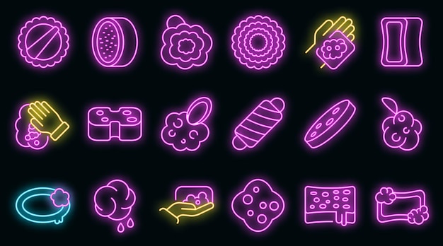 Set di icone di salviette. contorno set di icone vettoriali per asciugamano colore neon su nero