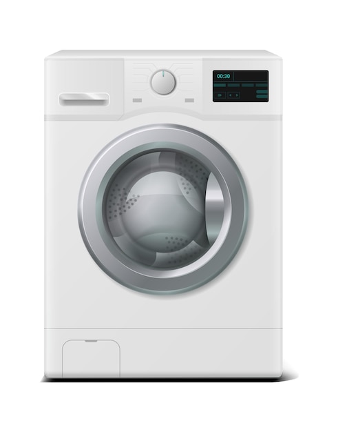 Washer Realistic domestic electronic device 3D household appliances for cleaning laundry at home Automatic machine washes garment with water and detergent Vector housework equipment