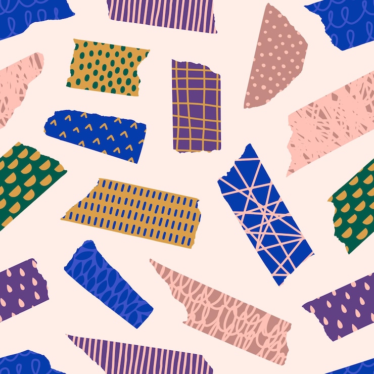 Vector washi tape pieces seamless pattern set with different hand draw textures in contemporary style