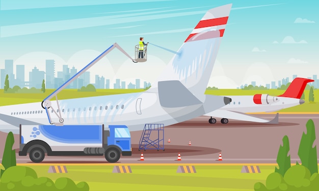 Washing aircraft at airport flat illustration.