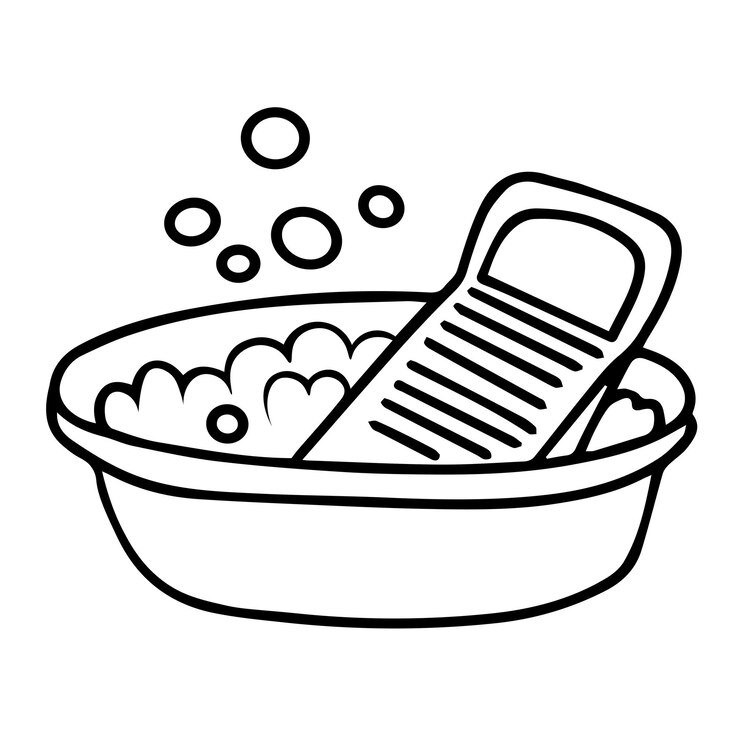 Vector washing in basin tank with soap foam and bubbles and washing board by hand in scribbles. big wash