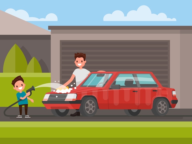 Washing of car outdoors. Father and son are washing car.   illustration