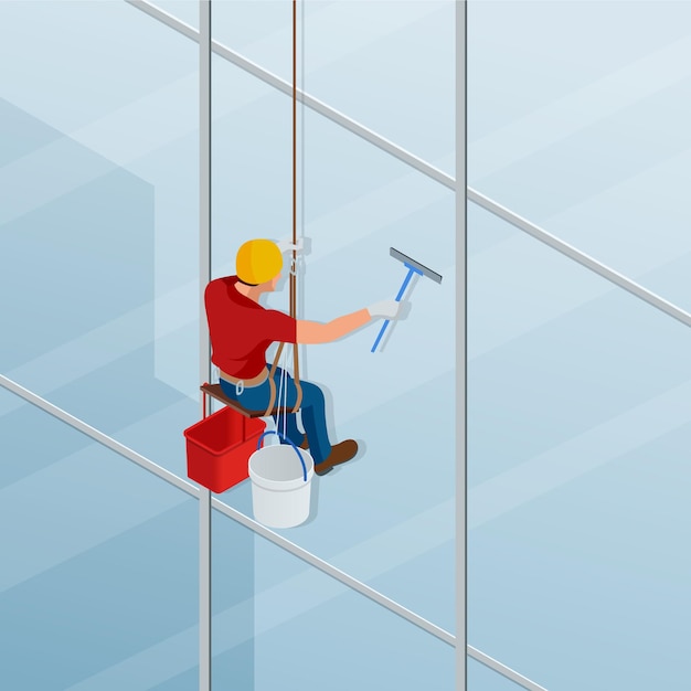 Vettore lavare e pulire la finestra con un tergivetro. il lavoratore maschio isometrico in tuta professionale ripara le finestre in un grattacielo. illustrazione vettoriale.