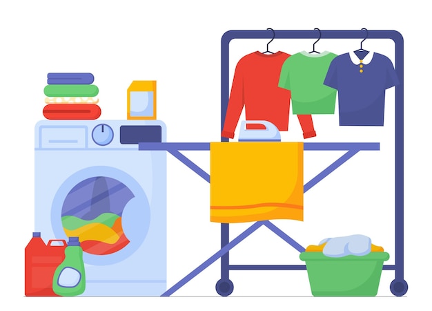 Washing clothes concept colorful tshirts and sweaters in laundry cleanliness and hygiene household