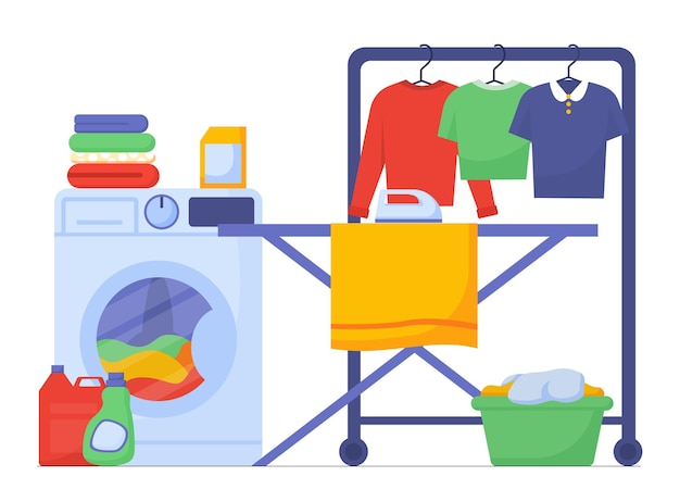 Vector washing clothes concept colorful tshirts and sweaters in laundry cleanliness and hygiene household