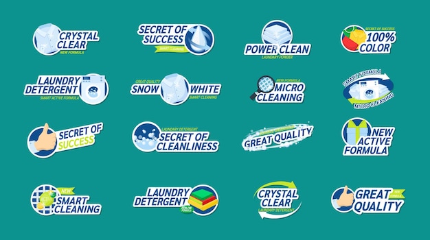 Washing clothes stickers and label - crystal clear, snow-white, laundry detergent