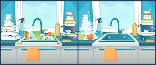 Washing dishes in sink. dirty dish in kitchen, clean plates and messy dinnerware cartoon  illustration