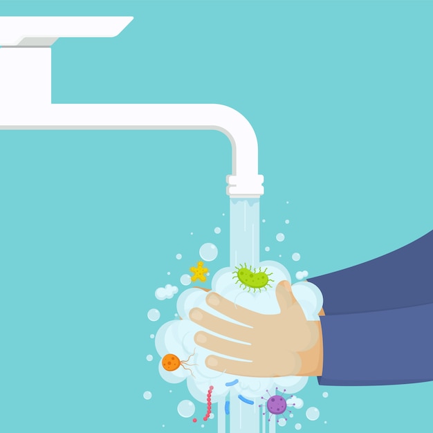 石鹸、衛生概念で蛇口の下で手を洗う