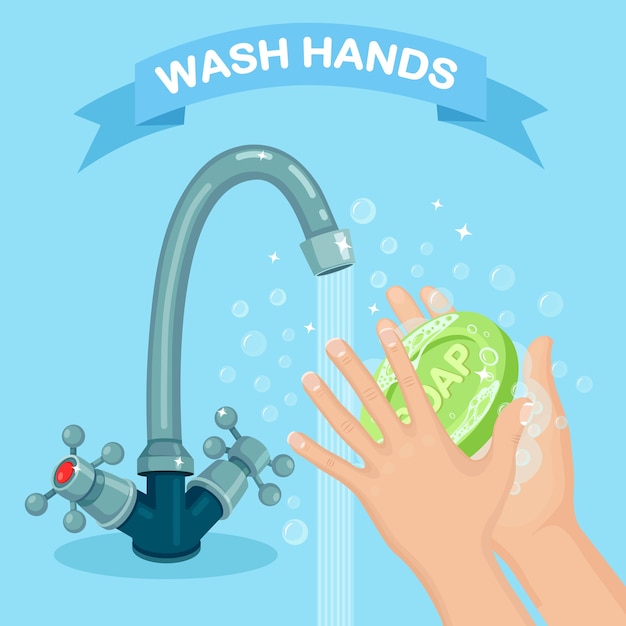 Washing hands with soap foam, scrub, gel bubbles. Water tap, faucet leak. Personal hygiene, daily routine . Clean body.   