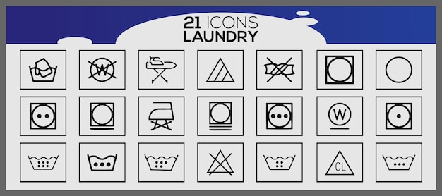 Washing icons and laundry symbols in flat style Clean laundry and dryer service line icons