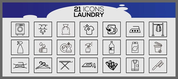 Washing icons and laundry symbols in flat style Clean laundry and dryer service line icons