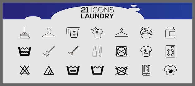 Washing icons and laundry symbols in flat style Clean laundry and dryer service line icons