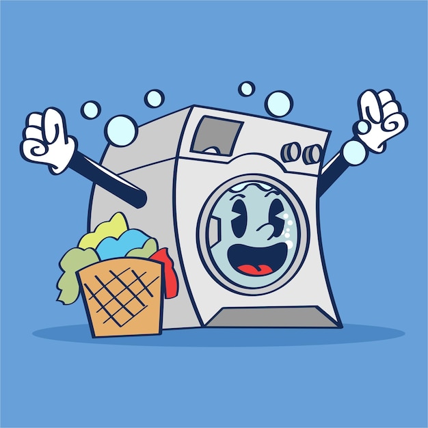 Vector washing machine cartoon character say horay bringing clothes vector illustration hand drawing