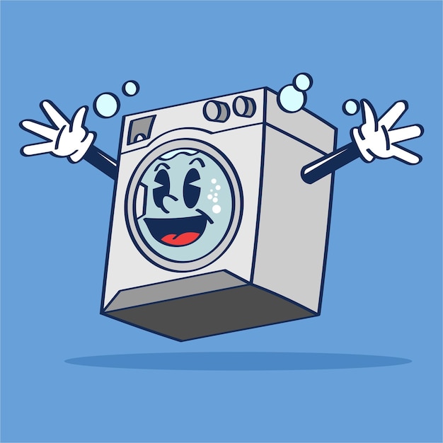 Washing Machine Cartoon Character with Cute Face Jumping Vector Illustration Hand Drawing Vintage