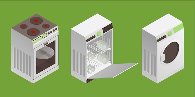 Vector washing machine, dishwasher machine and electric cooker  illustration in isometric style.