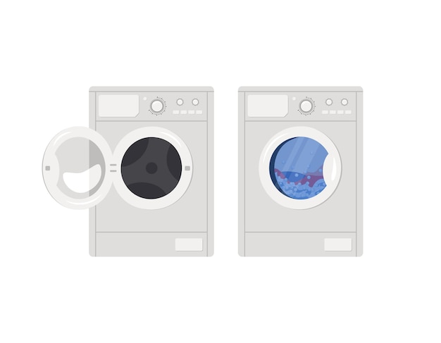 Washing machine icon is running and with open door Front view of household appliances in bathroom