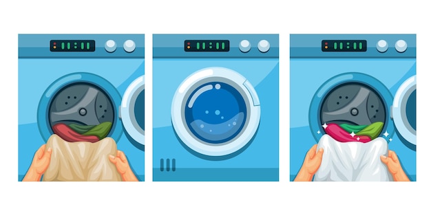 Vettore insieme dell'illustrazione di istruzioni della lavatrice