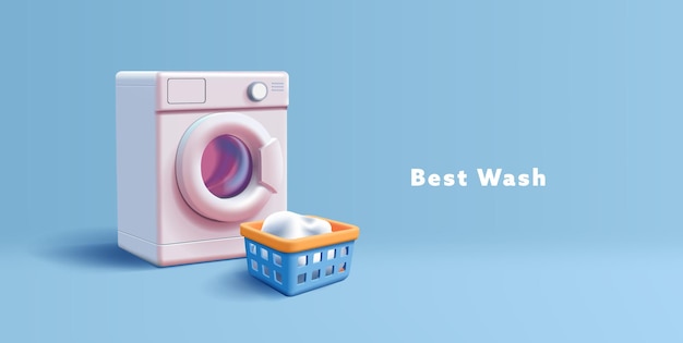 Washing machine realistic with laundry basket household or laundry equipment 3d realsitic illustration icon