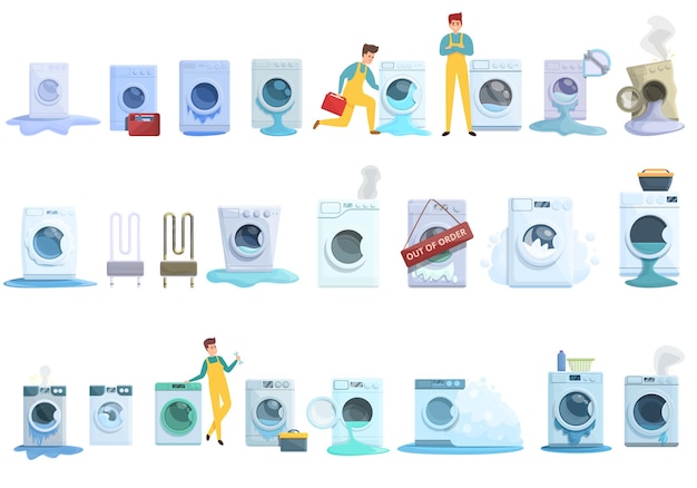 Vector washing machine repair icons set. cartoon set of washing machine repair vector icons for web design