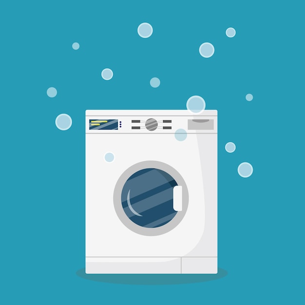 Vector washing machine with bubbles in flat style.