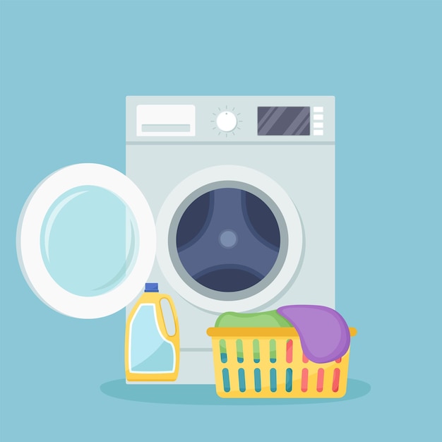 Vector washing machine with open door basket with dirty linen detergent vector illustration