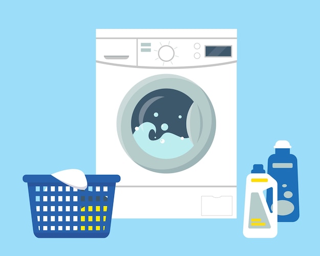 Vector washing machine with powder and cleanser, basket with dirty clothes to wash.