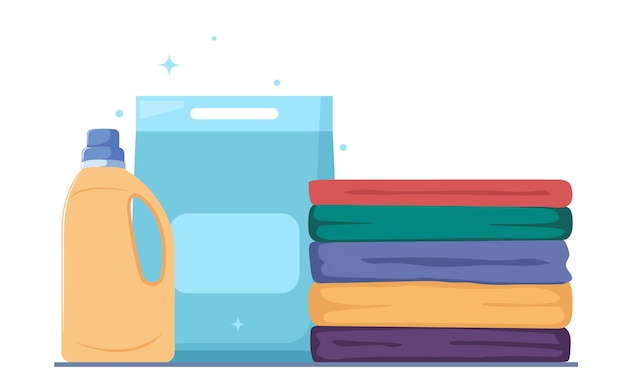 Washing powder fabric softener gel clothes washing products and stack of clean clothes