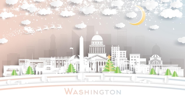 Washington DC USA City Skyline in papier gesneden stijl met sneeuwvlokken maan en neon Garland