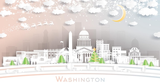 Горизонт города Вашингтон, округ Колумбия, США в стиле вырезки из бумаги со снежинками Луны и неоновой гирляндой