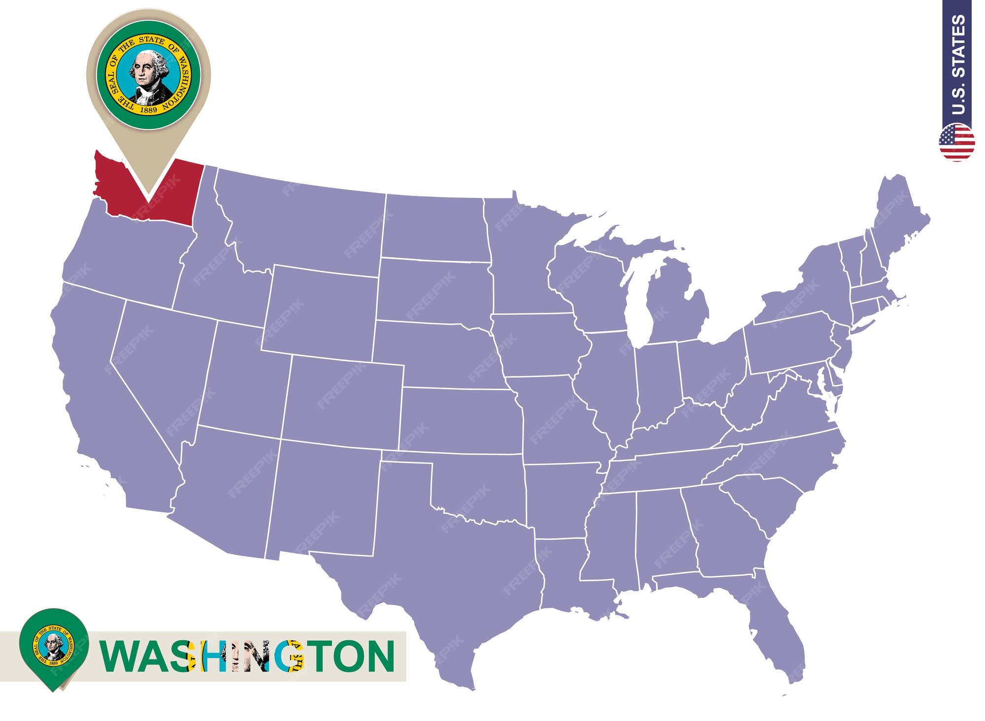 Washington On Us Map Premium Vector | Washington State On Usa Map. Washington Flag And Map. Us  States.
