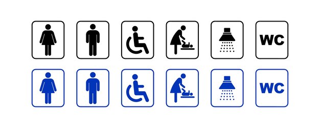 Vector washroom symbols collection public toilet icon set male and female physically handicapped baby seat shower sign of washroom for male female and children