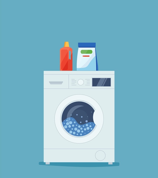 Wasmachine en schoonmaakmiddelen. vectorillustratie in vlakke stijl.