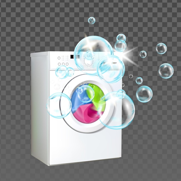 Wasmachine Home apparatuur wassen kleren Vector. Wasmachine Wassen Kleding Met Bubble Vloeibaar Poeder, Huishoudelijk Elektronisch Apparaat. Huishoudelijke sjabloon Realistische 3d illustratie