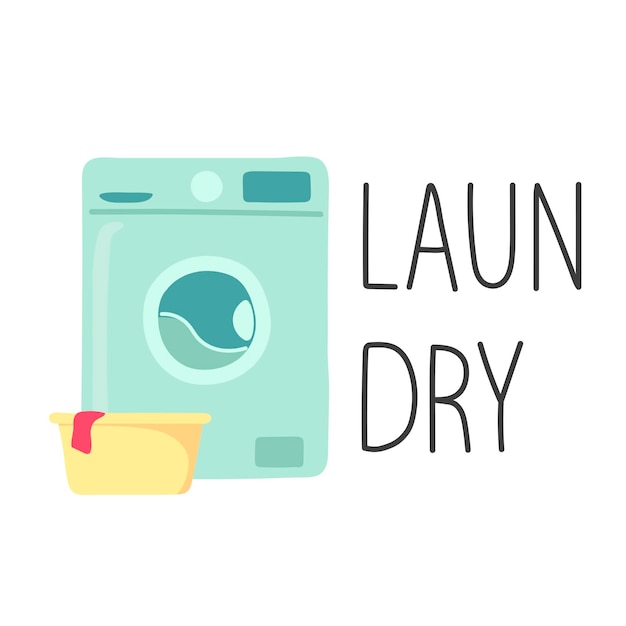 Wasmachine met een wastafel voor linnen belettering wasgoed cartoon stijl