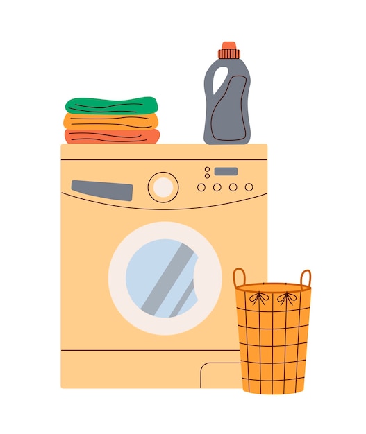 Wasmachine wasmand waspoeder voor badkamer en interieur Platte vectorillustratie