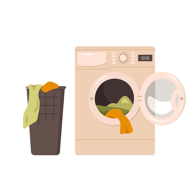 Wasmachinepictogram en mand voor vuile kleren vooraanzicht van apparaten in badkamer