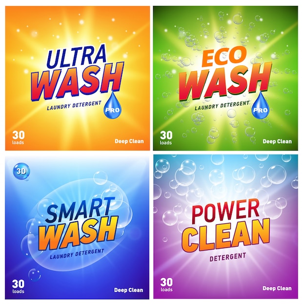 Wasmiddelverpakkingsconcept met milieuvriendelijke reiniging en wassen. wasmiddelpakket met eco-logo.