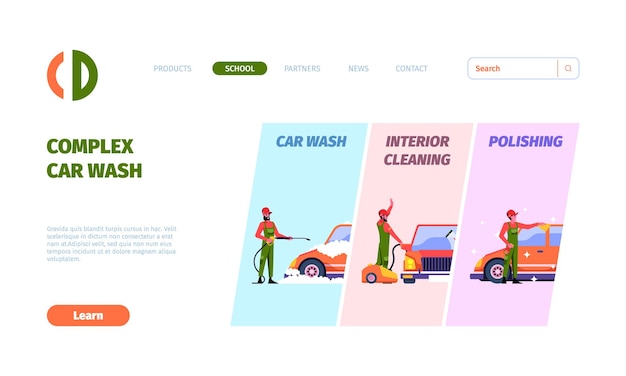 Wassen auto landing Schoonmaakservice team werken wassen auto opzichtige vector webpagina sjabloon