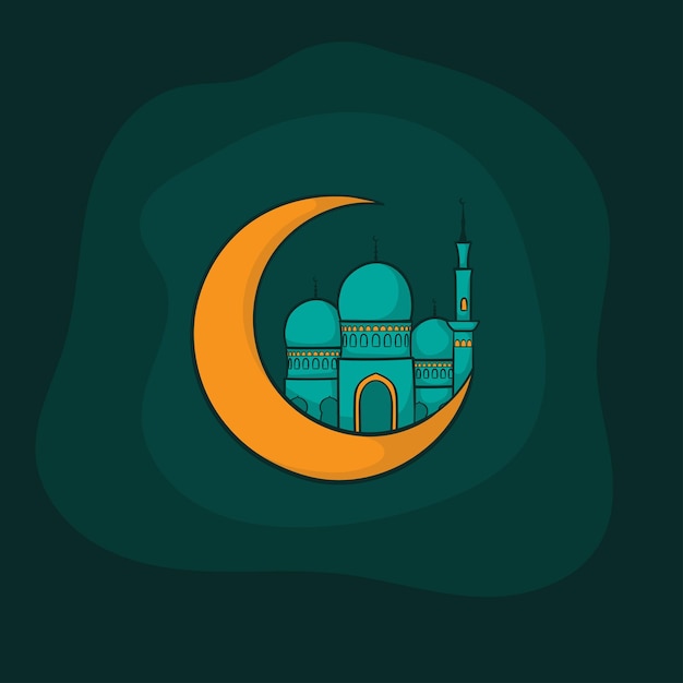 Wassende maan met moskee en groene achtergrond in cartoonontwerp voor ramadan kareem sjabloonontwerp
