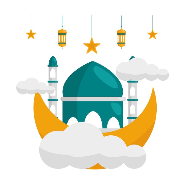 Wassende maan met sterren en moskee illustratie