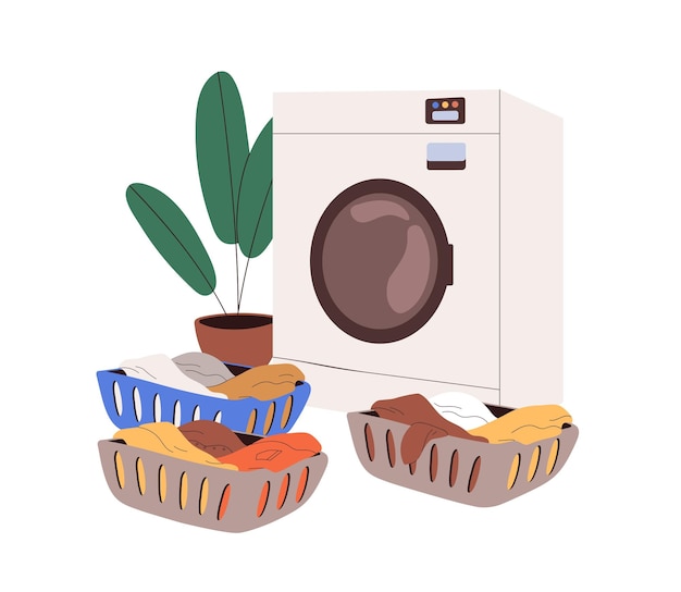 Wasserij concept. Wasmachine en vuile kleren in manden. Wasapparatuur en gesorteerd linnengoed in containers. Wasmachine en kleding. Platte vectorillustratie geïsoleerd op een witte achtergrond