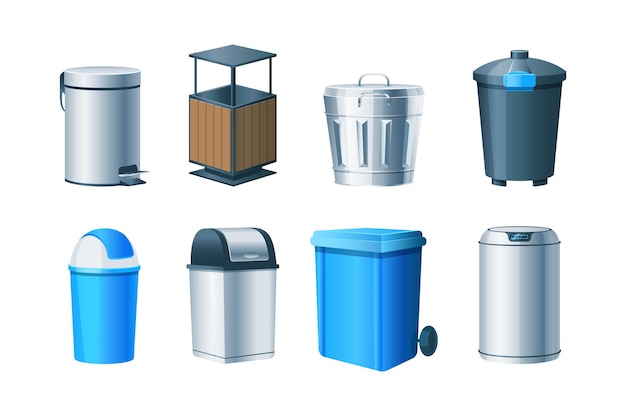 Vector waste bins, basket, trash can and dustbin set, metal, wood and plastic garbage containers.