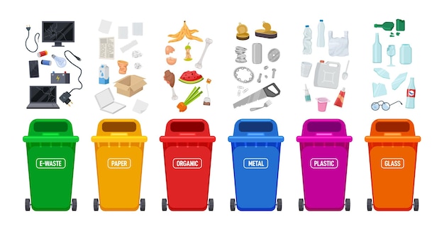 Vettore bidoni per rifiuti cestino e contenitori colorati in plastica per immondizia per la raccolta differenziata diversi tipi di oggetti che smistano carta metallo vetro set vettoriale esatto