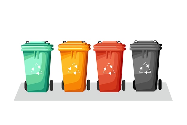 Контейнеры для сбора мусора. сортировка мусора по разным типам. векторная иллюстрация из мультфильма.