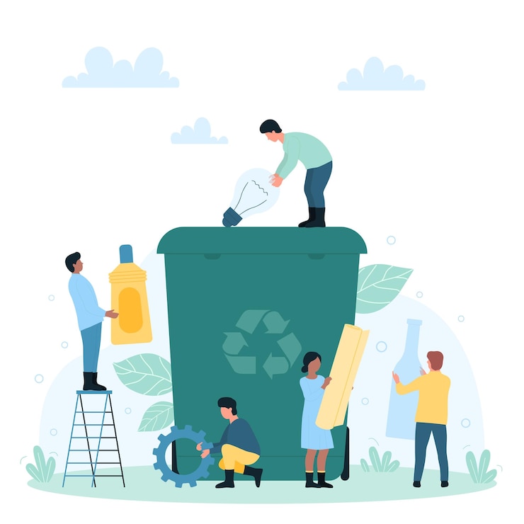 Vector waste collection recycling bio technology tiny activists collect bottles glass jars