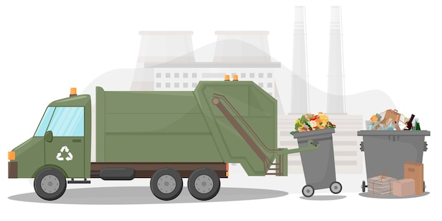 폐기물 수집 및 운송 차량 쓰레기 제거 쓰레기 컨테이너 상자 및 가방 폐기물 재활용 및 처리 공장 그림 플랫 스타일 그림